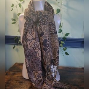 NWT 100% Cashmere Floral Tassel Scarf Brown Tan Women’s Winter Accessory